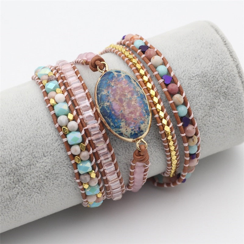 Unique Natural Stone Beads 3 Layers Wrap Bracelets For Women Girls Handmade Boho Leather Weave Bracelet  Jewelry Dropshipping